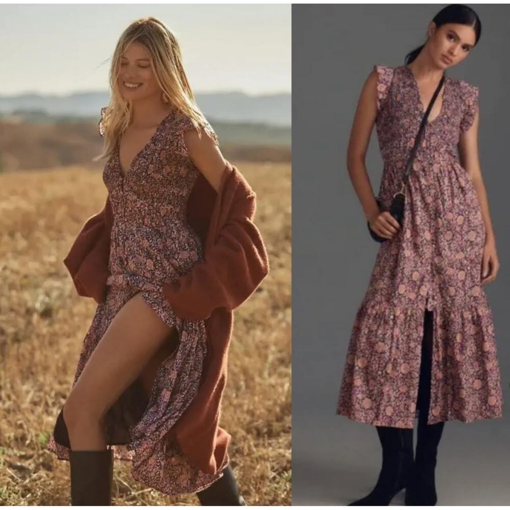 Anthropologie Midi Floral Ruffle Sleeve Dress Womens Medium Romantic Cottagecore